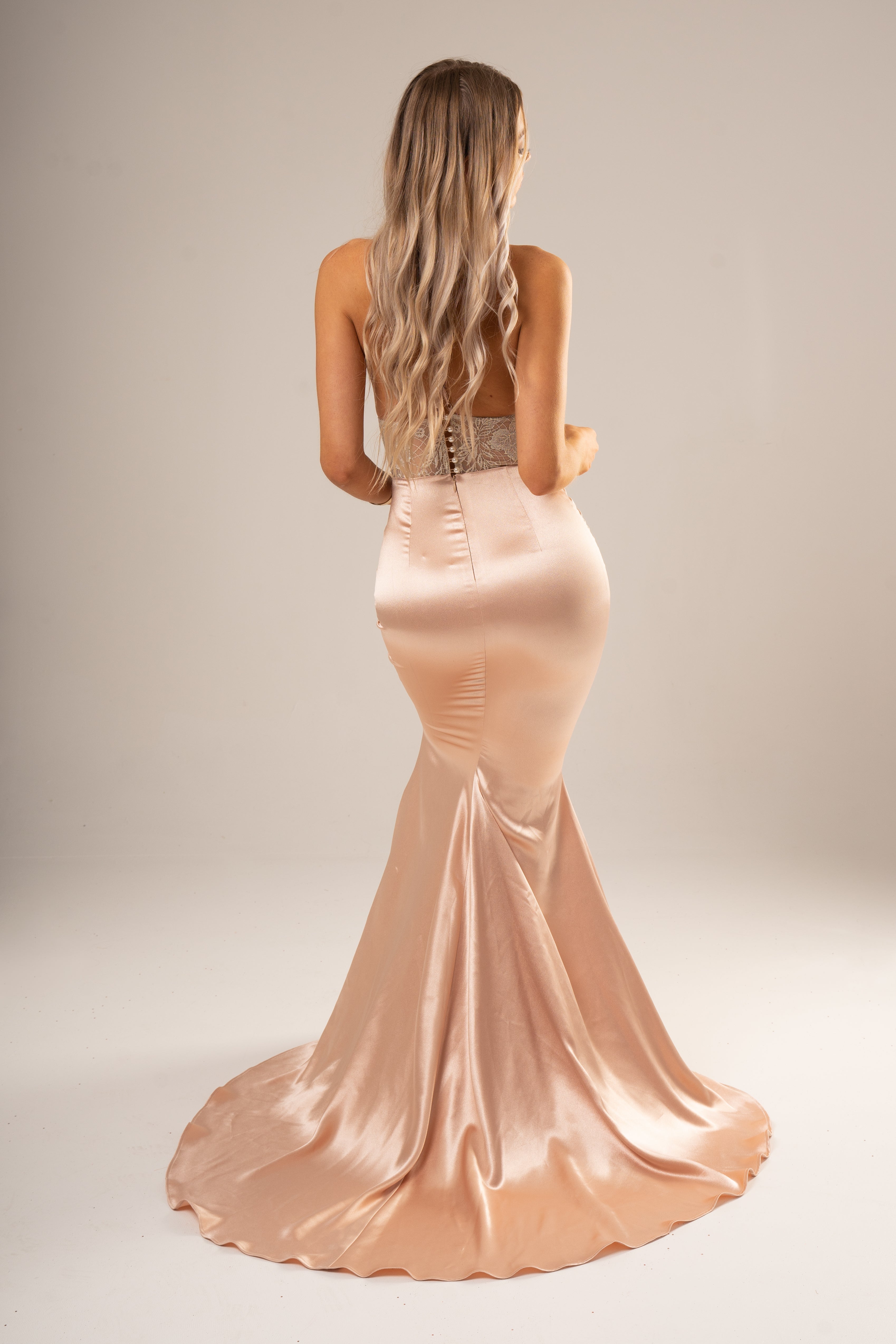 Rose gold satin mermaid dress with gold lace top (sales) Destiny Chic Rose gold satin mermaid dress with gold lace top (sales) Destiny Chic