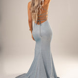 Sparkling baby blue mermaid dress with high slit for hire