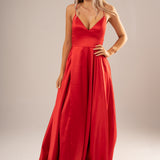 Red satin v-neck full dress with slit and lace up back