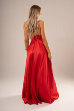 Red satin v-neck full dress with slit and lace up back