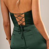 Forest Green Satin mermaid dress with wavy neckline and high slit for hire