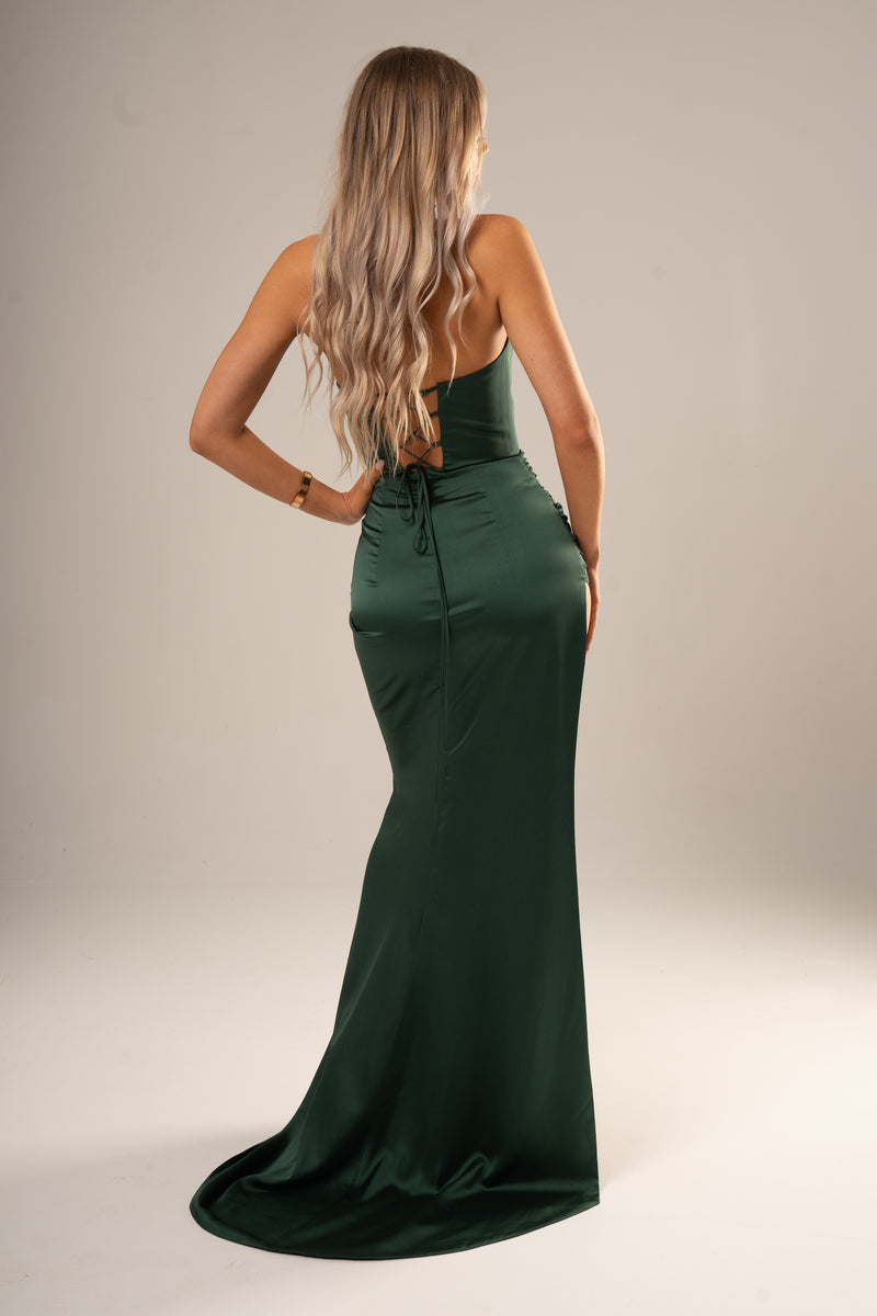 Forest Green Satin mermaid dress with wavy neckline and high slit for hire