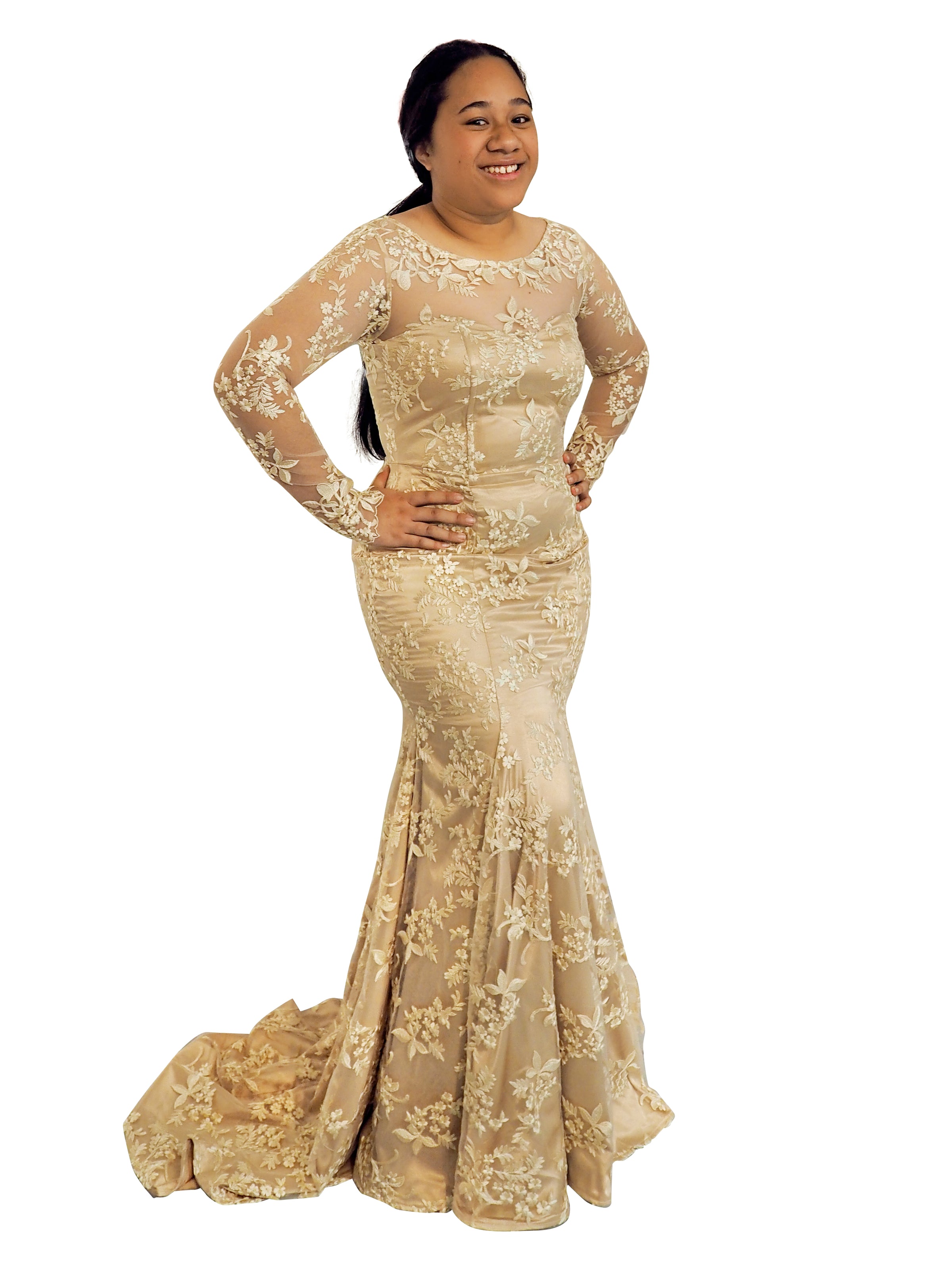 Aniela gold lace long sleeved mermaid dress Destiny Chic