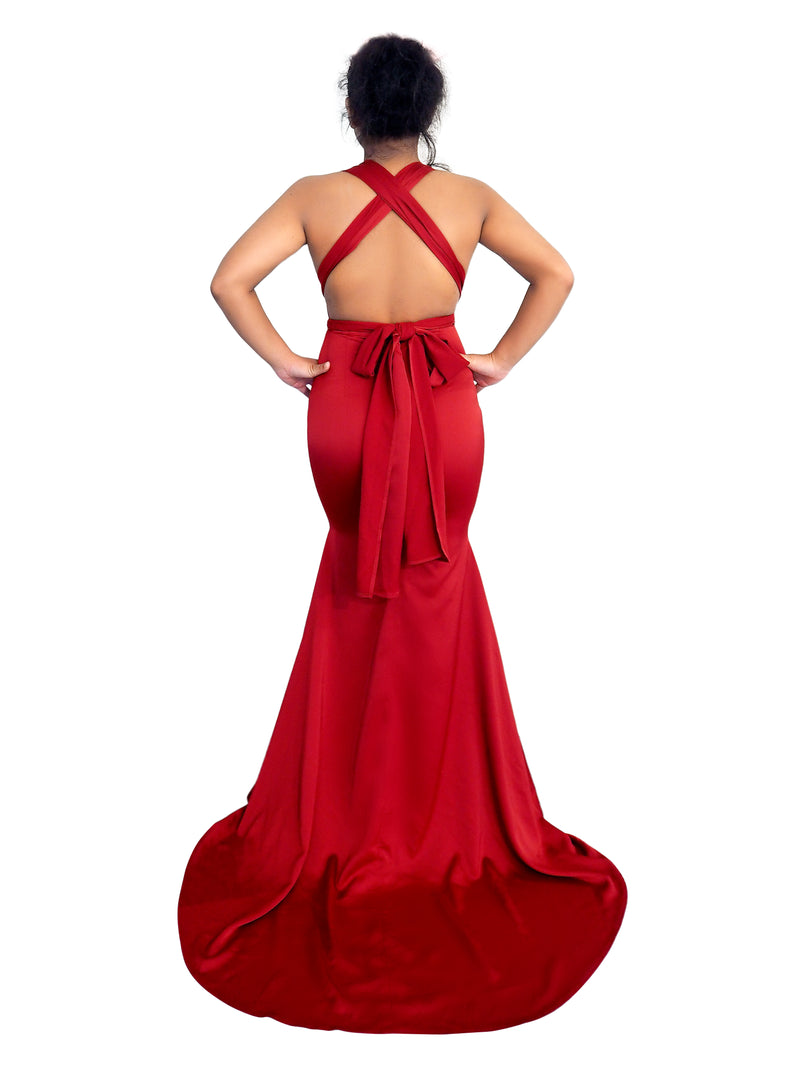 Multiwrap dark red satin dress
