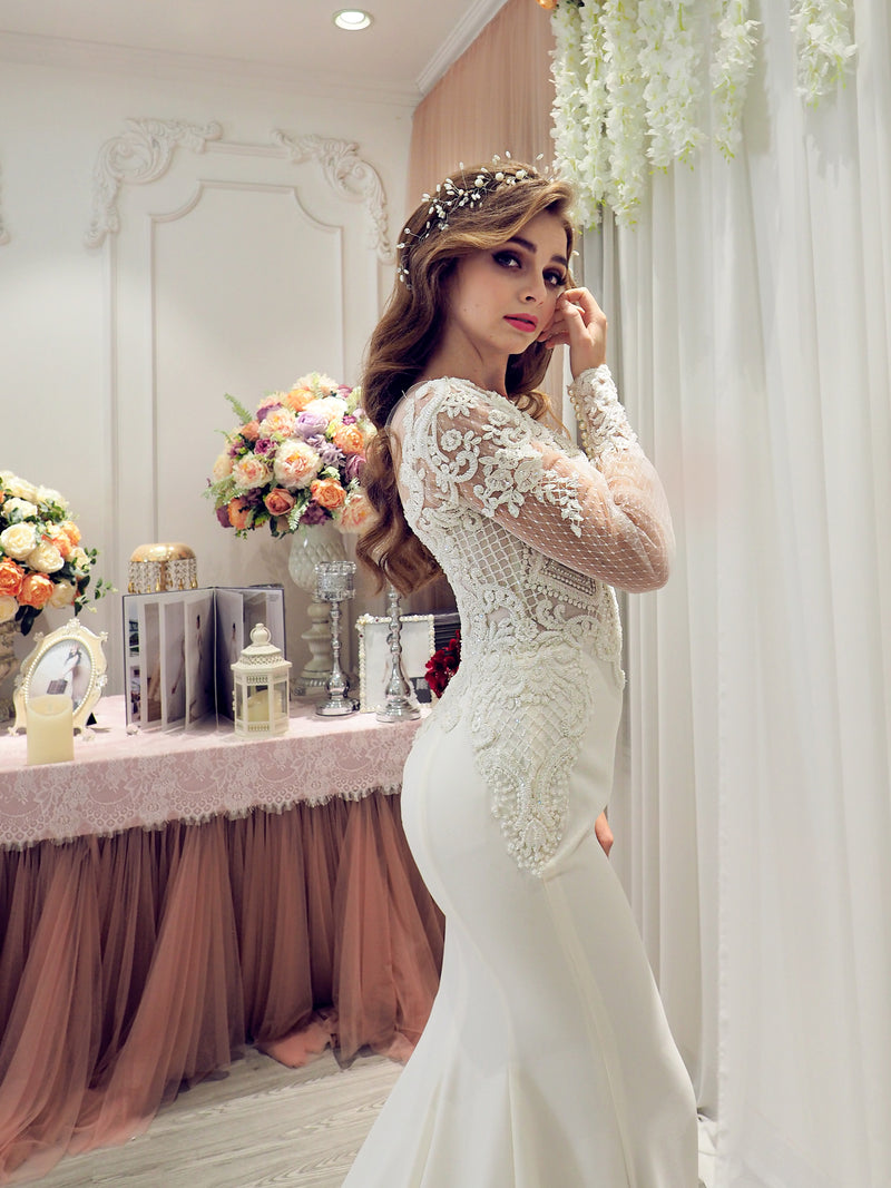 Bridal satin mermaid dress with long poofy sleeves