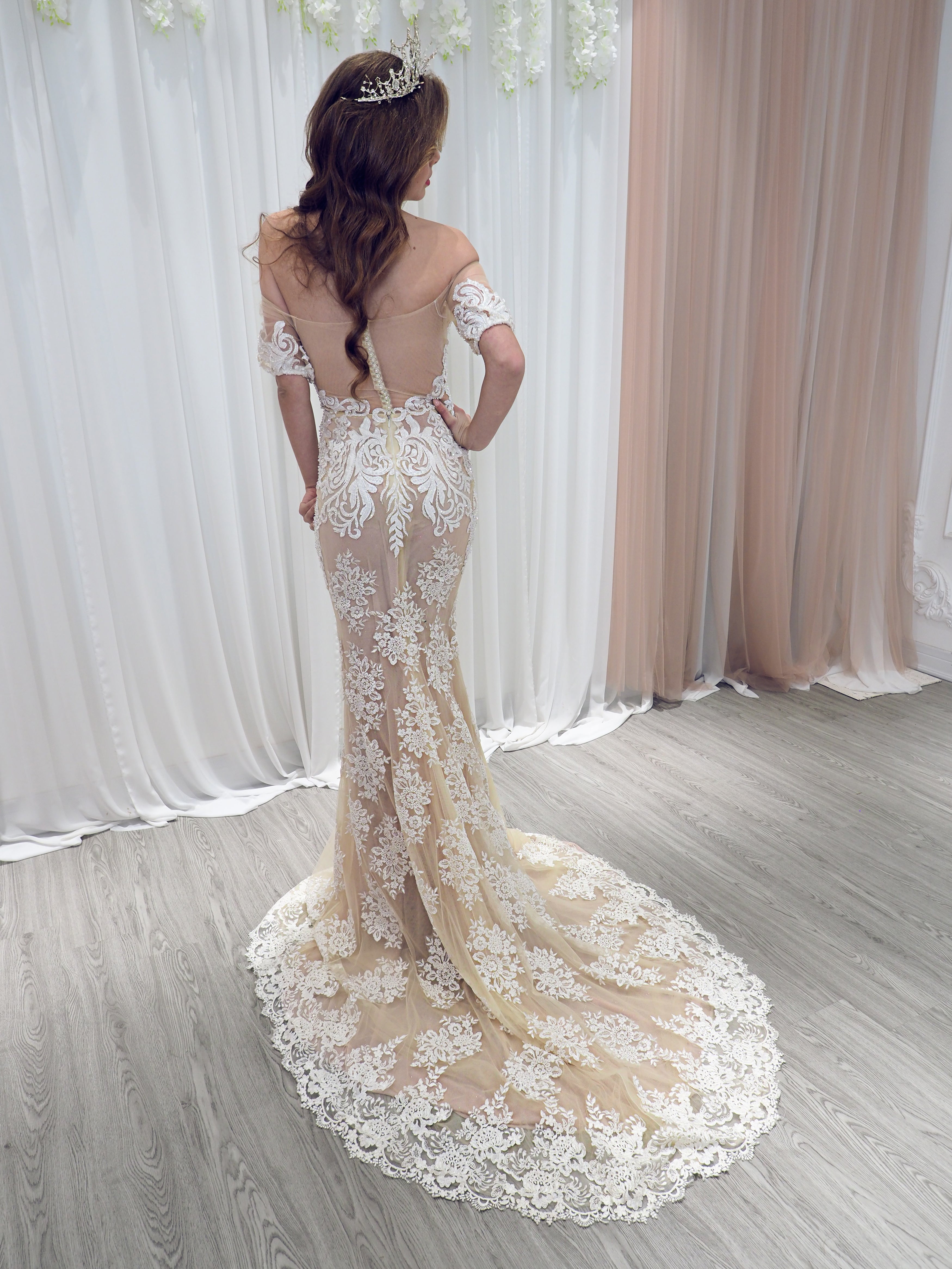 lace dress with nude lining Nude Strapless Wedding Dress with Lace Bodice