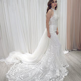 White 3D lace mermaid dress with tulle over skirt