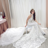 White 3D lace mermaid dress with tulle over skirt