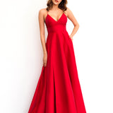 Red satin v-neck full dress with slit and lace up back (sales)
