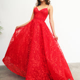 Red organza lace computer tulle princess dress with lace up back