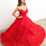 Red organza lace computer tulle princess dress with lace up back