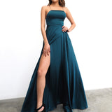 Teal straight neck full dress with slit and lace up back