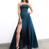 Teal straight neck full dress with slit and lace up back (sales)