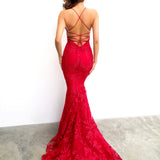 Maroon red lace criss-cross back mermaid dress