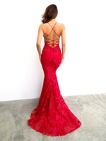 Maroon red lace criss-cross back mermaid dress
