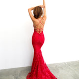 Maroon red lace criss-cross back mermaid dress