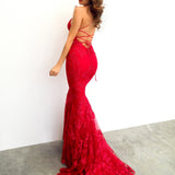 Maroon red lace criss-cross back mermaid dress