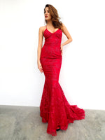 Maroon red lace criss-cross back mermaid dress