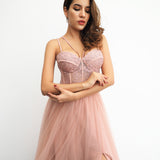 Muted pink tulle dress with slit for hire