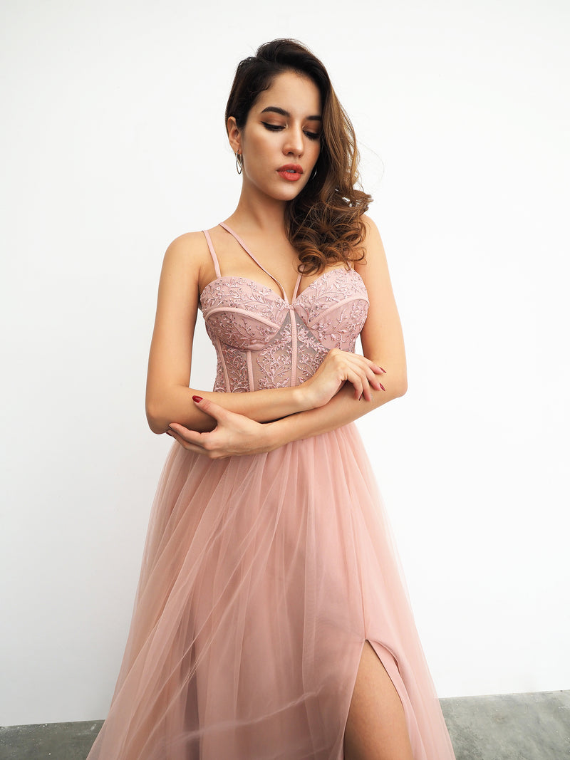 Romiji muted pink tulle dress with slit for hire