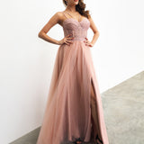 Muted pink tulle dress with slit for hire