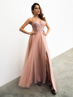 Romiji muted pink tulle dress with slit for hire