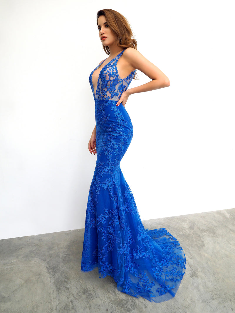 Royal Blue lace deep V neck mermaid dress