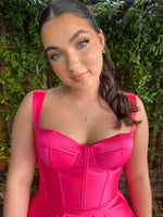 Hot pink bustier corset back princess dress with straps