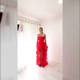 Red pleated layered high and low tulle dress for hire